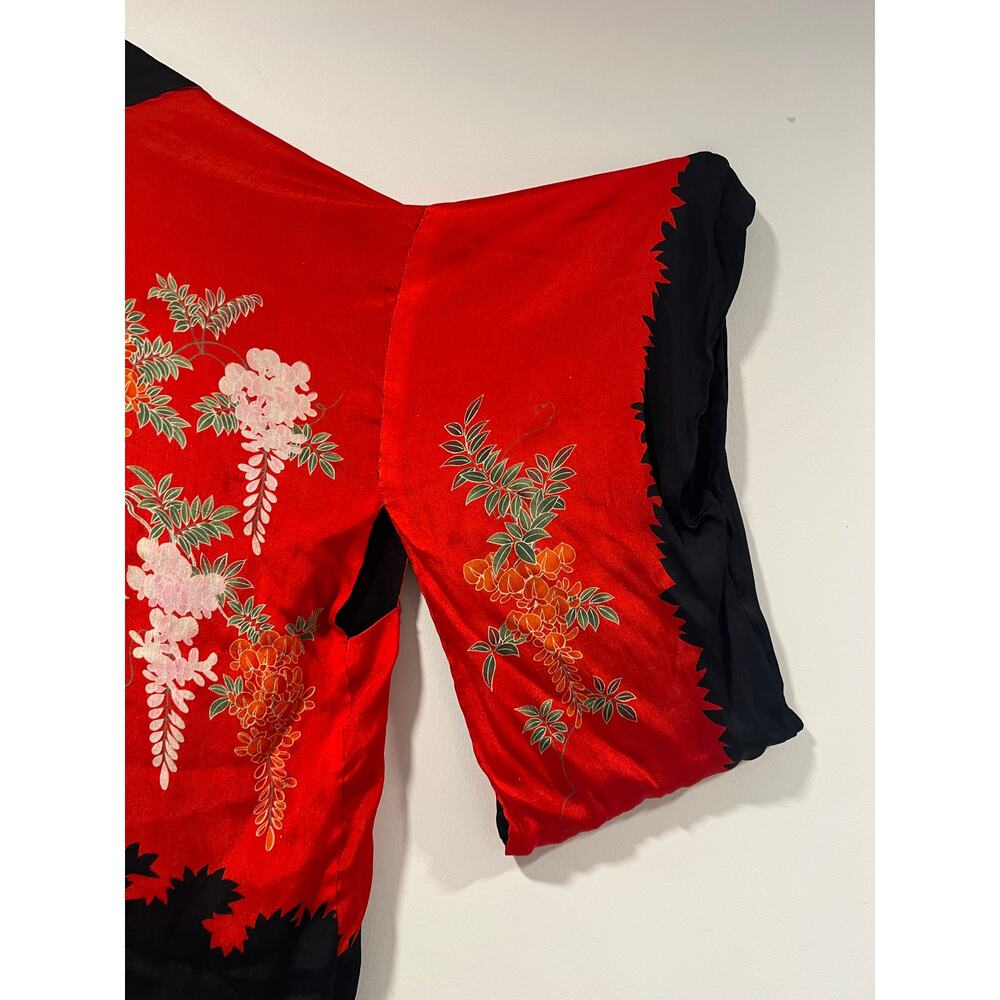 Vintage Japanese Silk Kimono Red Black Floral Large JL - Picture 12 of 16